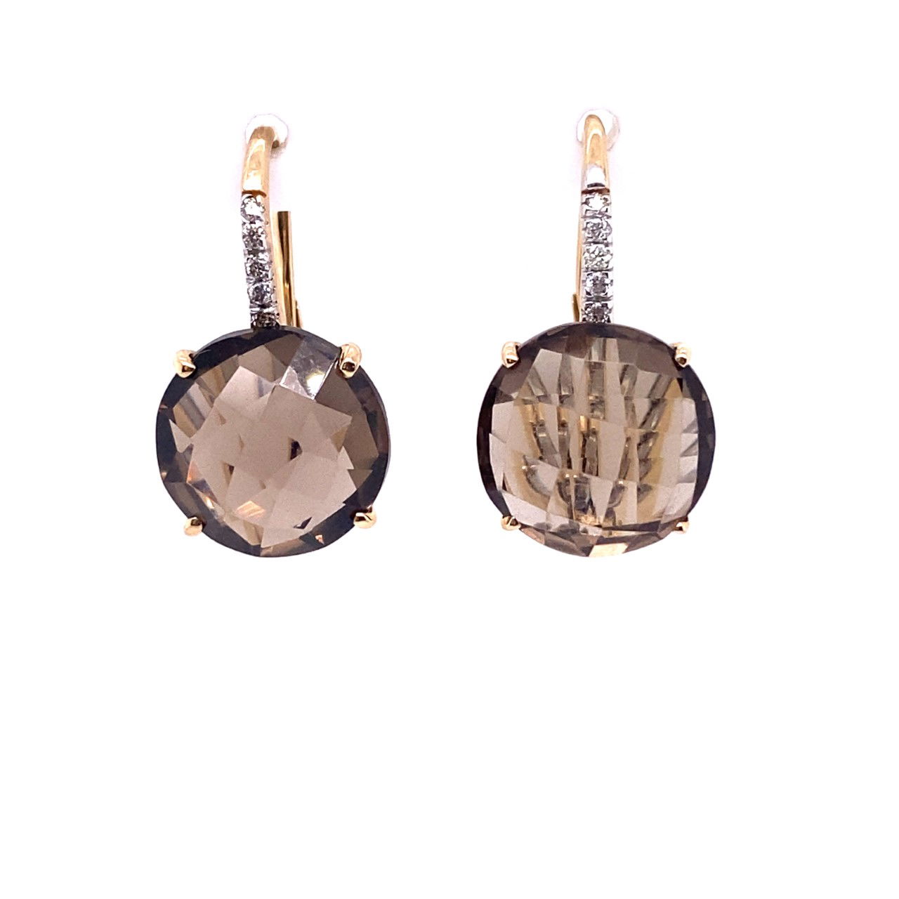 14KYG ROUND CHECKERBOARD SMOKEY QUARTZ 12.00CT & 10 BR DIA 0.07CT LEVERBACK EARRINGS