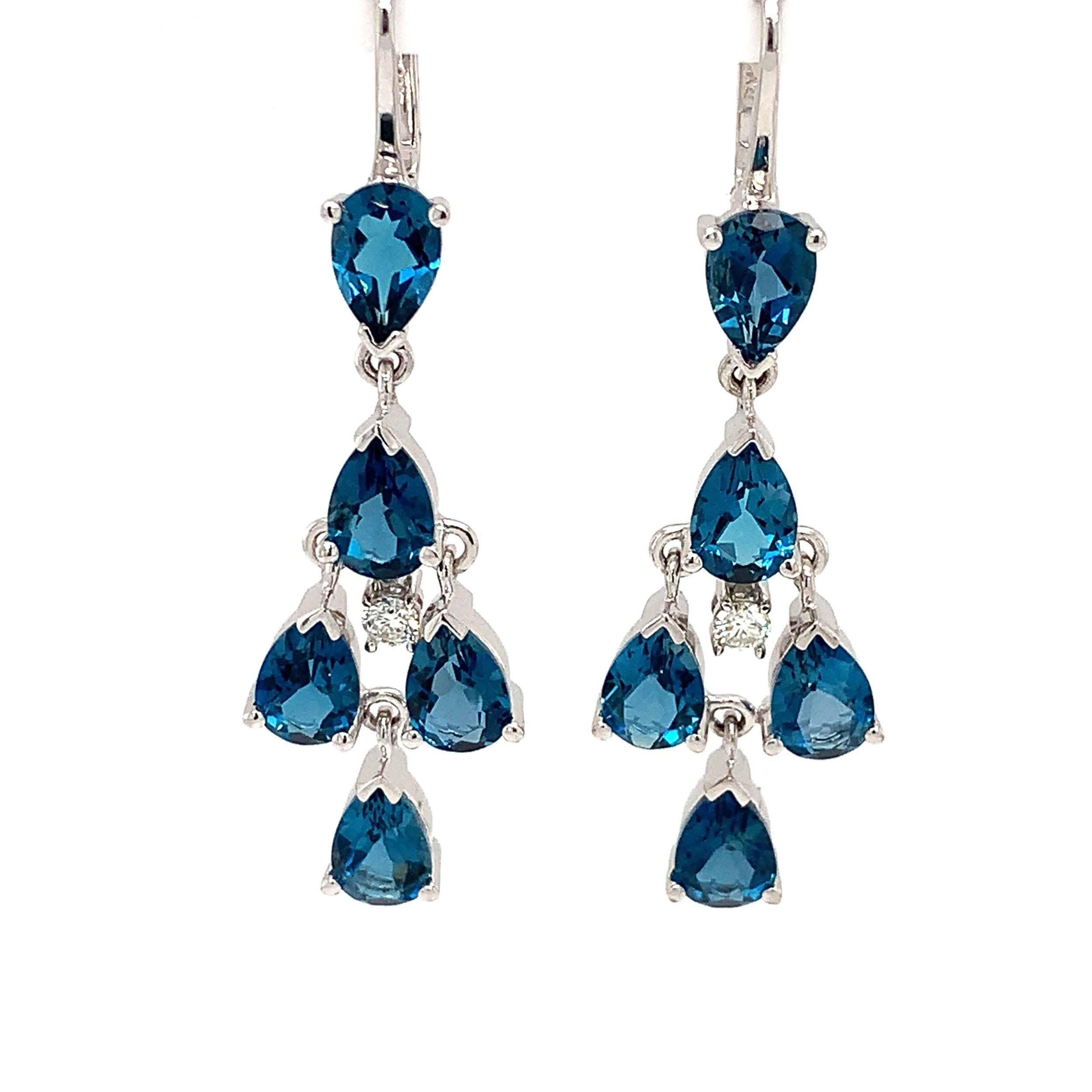 14KWG 10 PEAR SHAPE LONDON BLUE TOPAZ 8.00CT & 2 BR DIAMONDS 0.16CT FASHION DANGLE EARRINGS