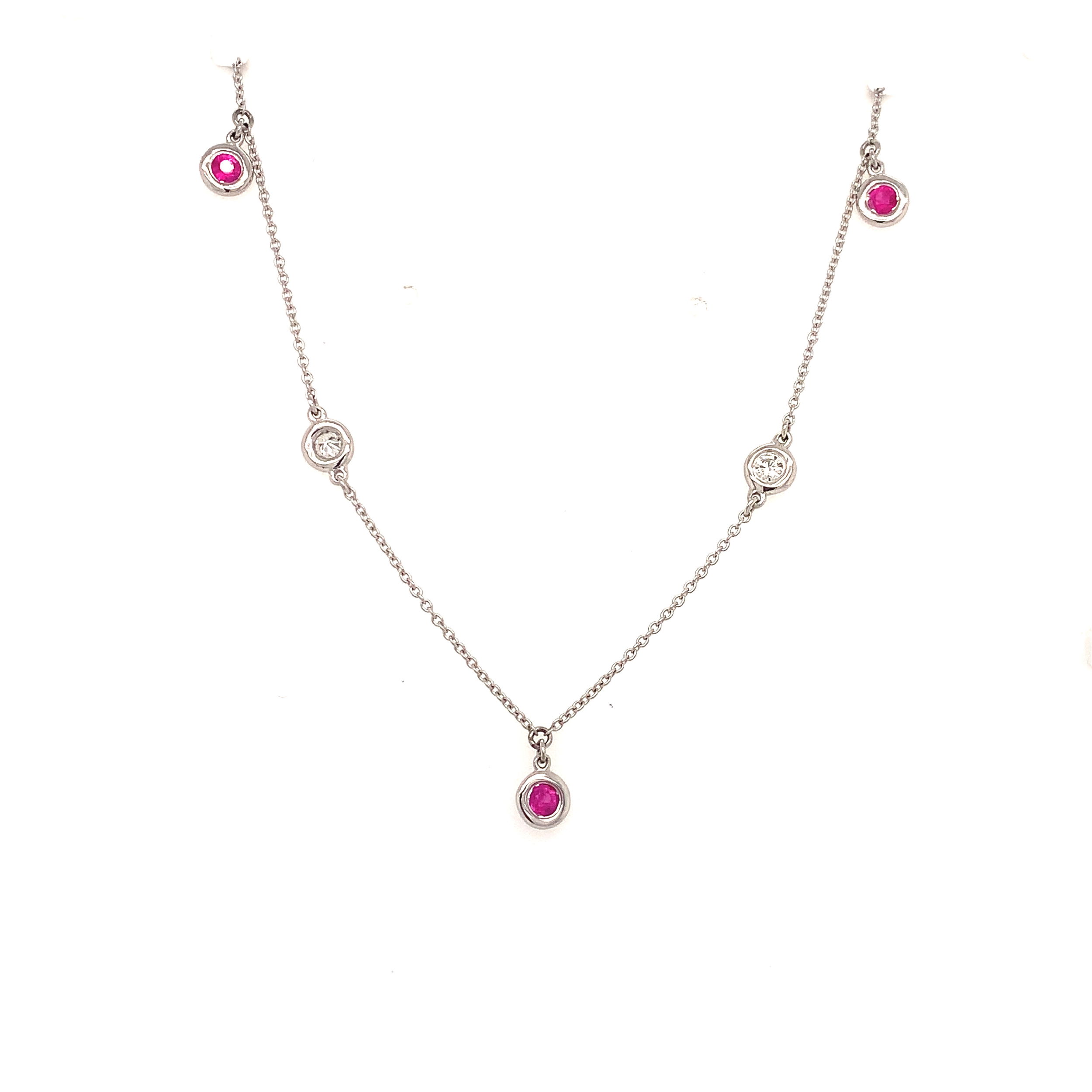 14K WG 3 RD RUB 0.21CT & 4 BR DIA'S 0.25CT FASHION NECKLACE 18" 14K WG 3 RD RUB 0.21CT & 4 BR DIA'S 0.25CT FASHION NECKLACE 18"
