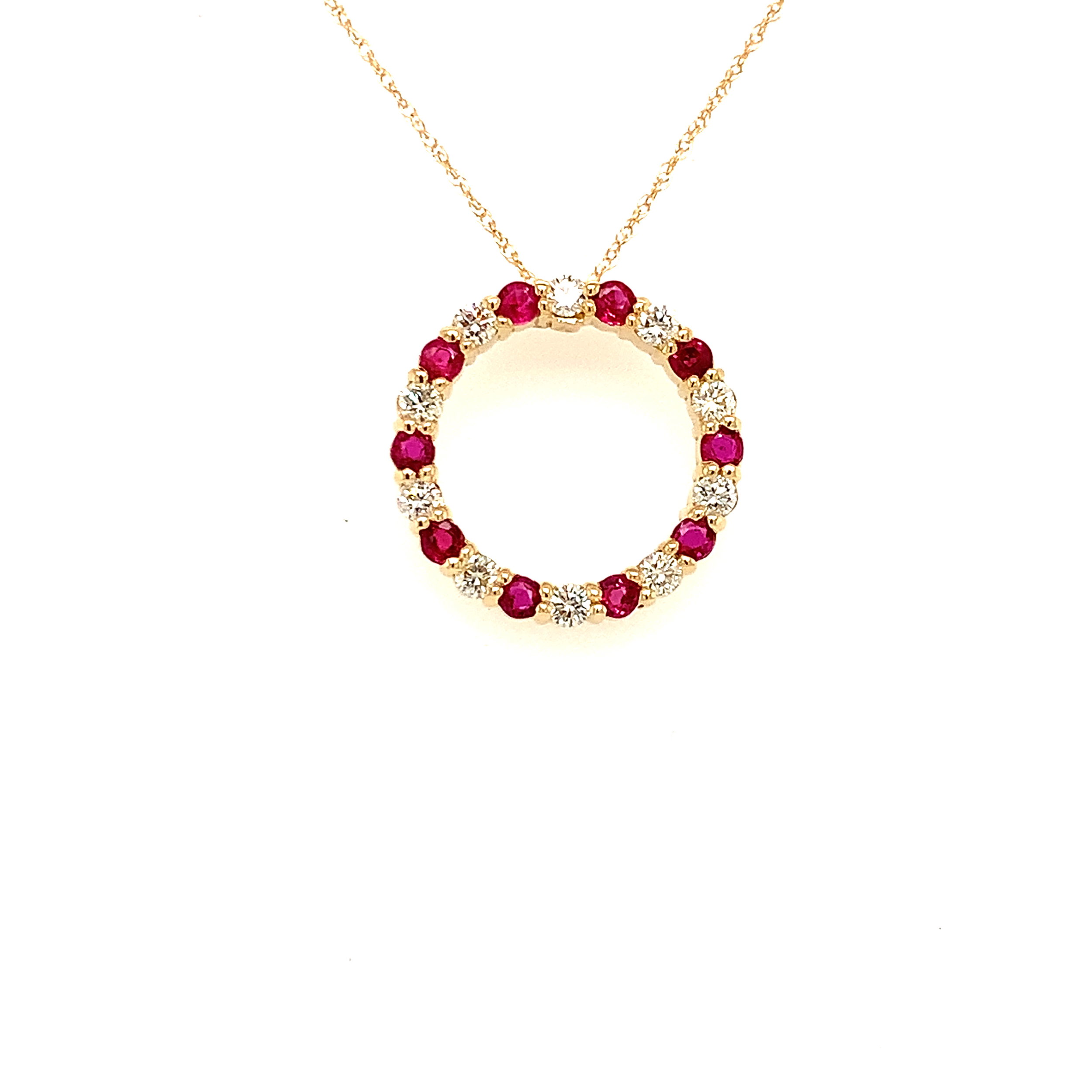 14K YG 10 BR DIA 0.50CT & 10 RUBY 0.50CT CIRCLE PENDANT W/18" CHAIN