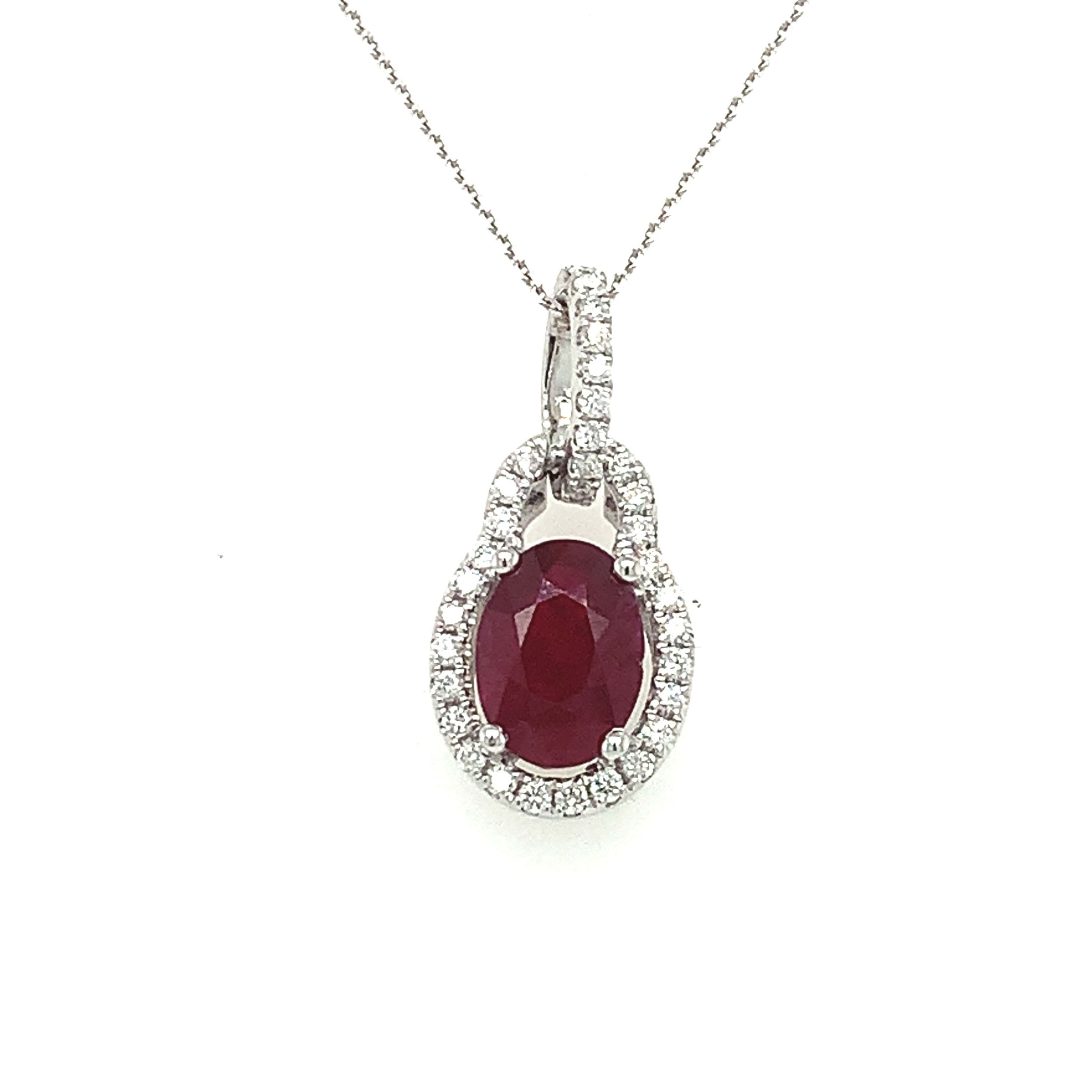 14K WG1.37CT RUBY & 33 BR DIA'S 0.18CT FASHION HALO PEND W/ 18" CABLE CHAIN 14K WG1.37CT RUBY & 33 BR DIA'S 0.18CT FASHION HALO PEND W/ 18" CABLE CHAIN
