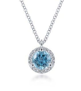 14KWG 0.54CT ROUND BLUE TOPAZ & 15 BR DIA 0.05CT HALO PENDANT ON 18" CABLE CHAIN