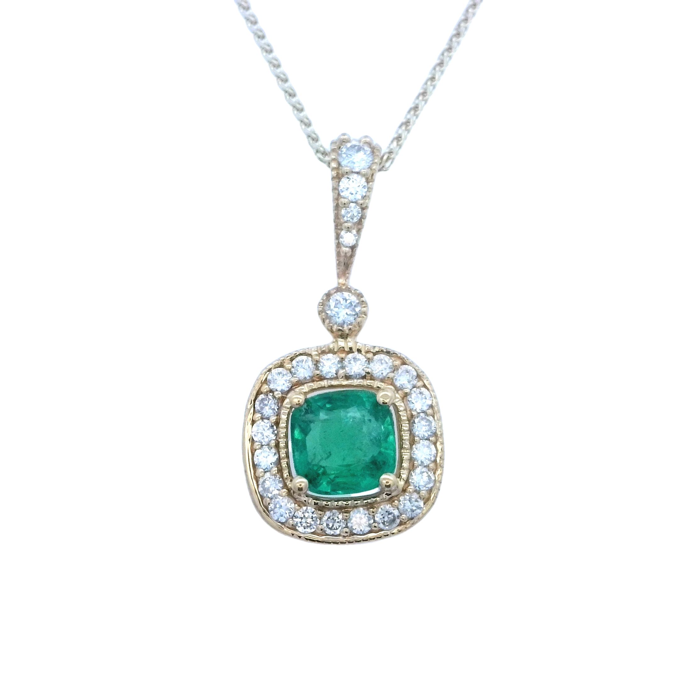 14K YG 0.60CT CUS EMD & 25 BR DIA'S 0.27CT FASHION PENDANT W/ MILGRAIN 14K YG 0.60CT CUS EMD & 25 BR DIA'S 0.27CT FASHION PENDANT W/ MILGRAIN