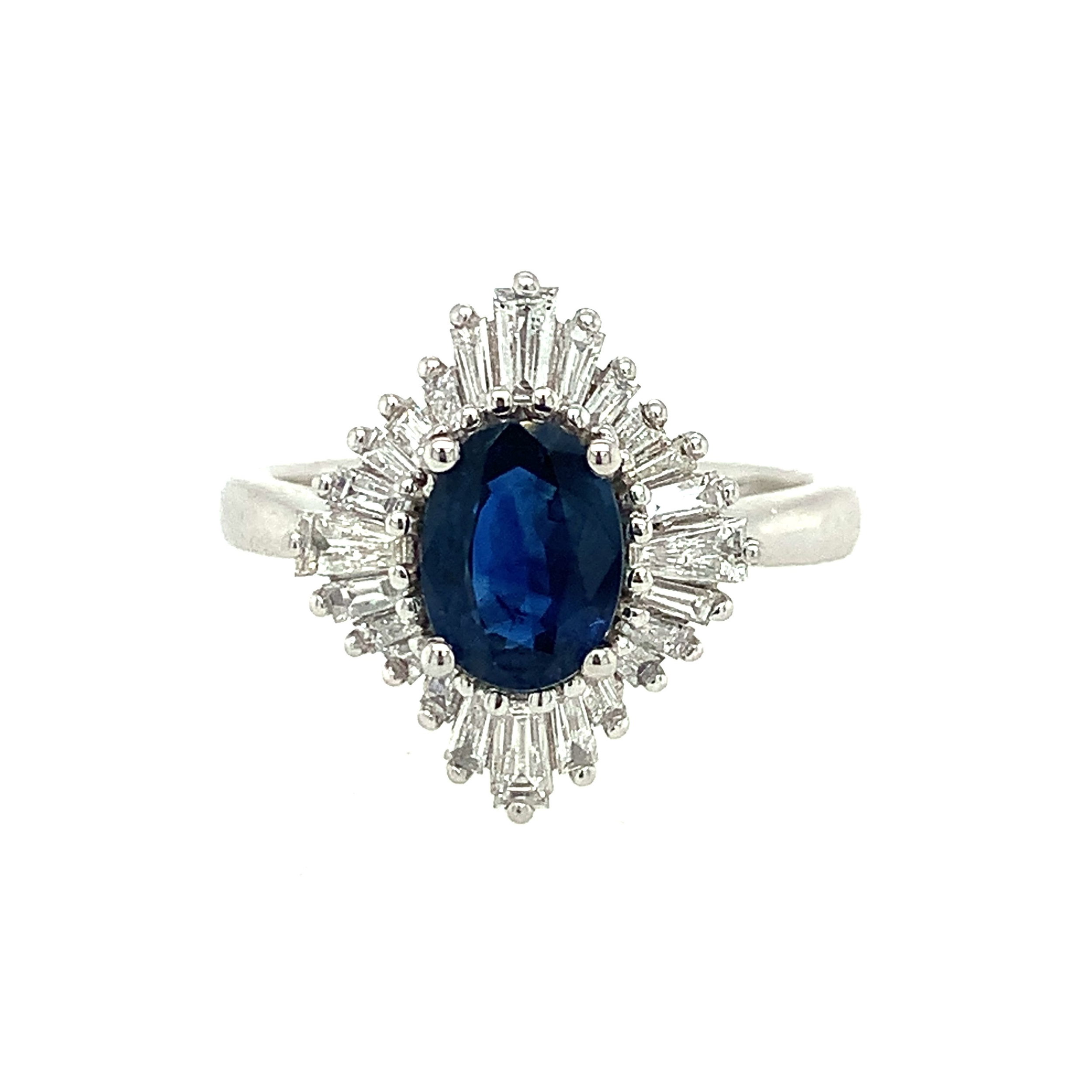 14KWG 1.25CT OVAL SAPPHIRE & 24 BAGUETTE DIA'S 0.50CT FASHION HALO RING