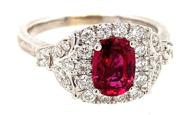 14KWG 1.15CT OVAL RUBY & 26 ROUND DIAMONDS 0.50CT VINTAGE INSPIRED HALO RING