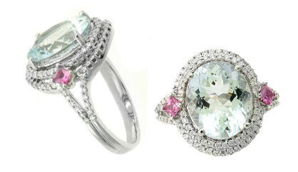 14KWG 4.75CT OVAL AQUAMARINE -- 2 PINK SAPPHIRES & 92 BR DIAMONDS 0.46CT HALO RING 14KWG 4.75CT OVAL AQUAMARINE -- 2 PINK SAPPHIRES & 92 BR DIAMONDS 0.46CT HALO RING