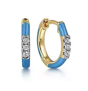 14K YG 6 BR DIA'S 0.08CT HUGGIE HOOP EARRINGS WITH BLUE ENAMEL- S1749918 14K YG 6 BR DIA'S 0.08CT HUGGIE HOOP EARRINGS WITH BLUE ENAMEL