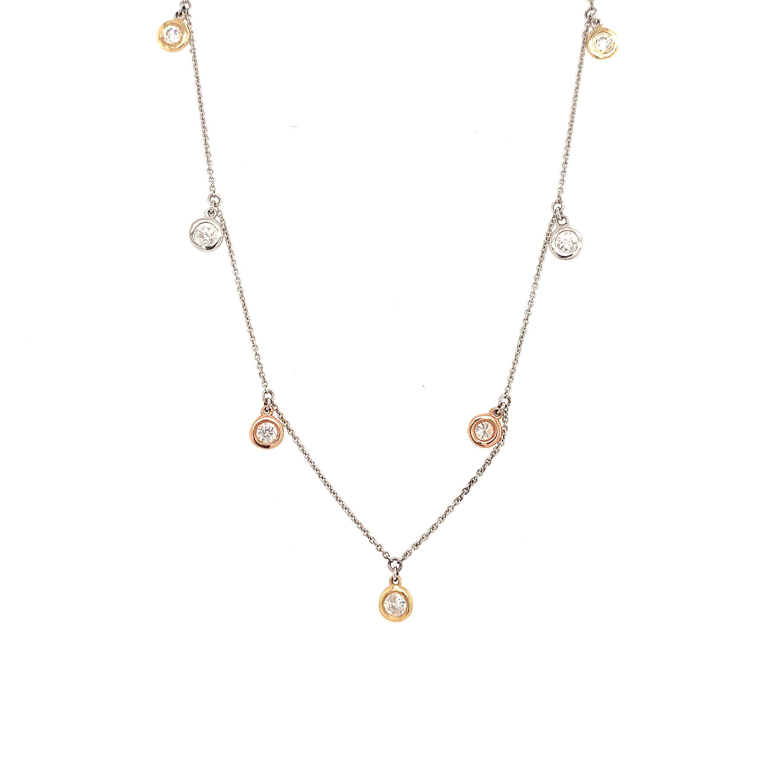 14K TRI-TONE 12 BR BEZEL SET DIA'S 0.95CT FASHION ADJUSTABLE 18" NECKLACE 14K TRI-TONE 12 BR BEZEL SET DIA'S 0.95CT FASHION ADJUSTABLE 18" NECKLACE