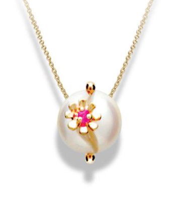 14KYG GALATEA 8.5MM FRESHWATER PEARL WITH 0.02CT RUBY FLOWER ON 18" CABLE CHAIN 14KYG GALATEA 8.5MM FRESHWATER PEARL WITH 0.02CT RUBY FLOWER ON 18" CABLE CHAIN