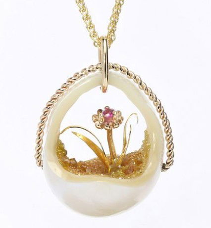 14KYG GALATEA PEARL LANDSCAPE BASKET PENDANT WITH 0.03CT RUBY FLOWER & LAB GROWN DIAMOND DRUZY ON 18" CABLE CHAIN