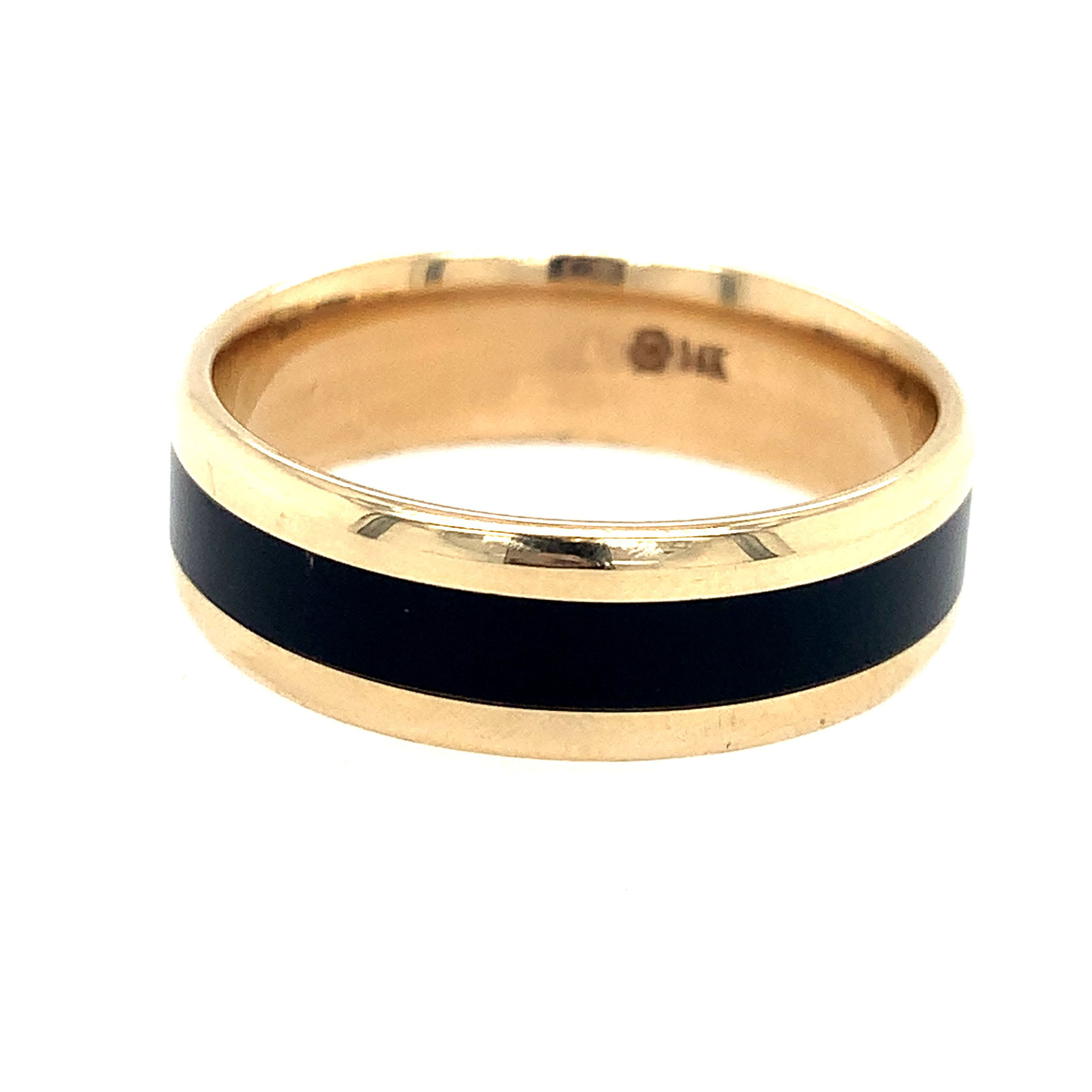 7MM 14K YG BEVEL EDGE BAND W/ 3MM EBONY WOOD INLAY- SIZE 10 7MM 14K YG BEVEL EDGE BAND W/ 3MM EBONY WOOD INLAY- SIZE 10