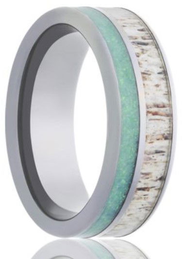 8MM TUNGSTEN PIPE CUT BAND HIGH POLISH 3MM ANTLER INLAY & 2MM OPAL INLAY- SIZE 10 8MM TUNGSTEN PIPE CUT BAND HIGH POLISH 3MM ANTLER INLAY & 2MM OPAL INLAY- SIZE 10