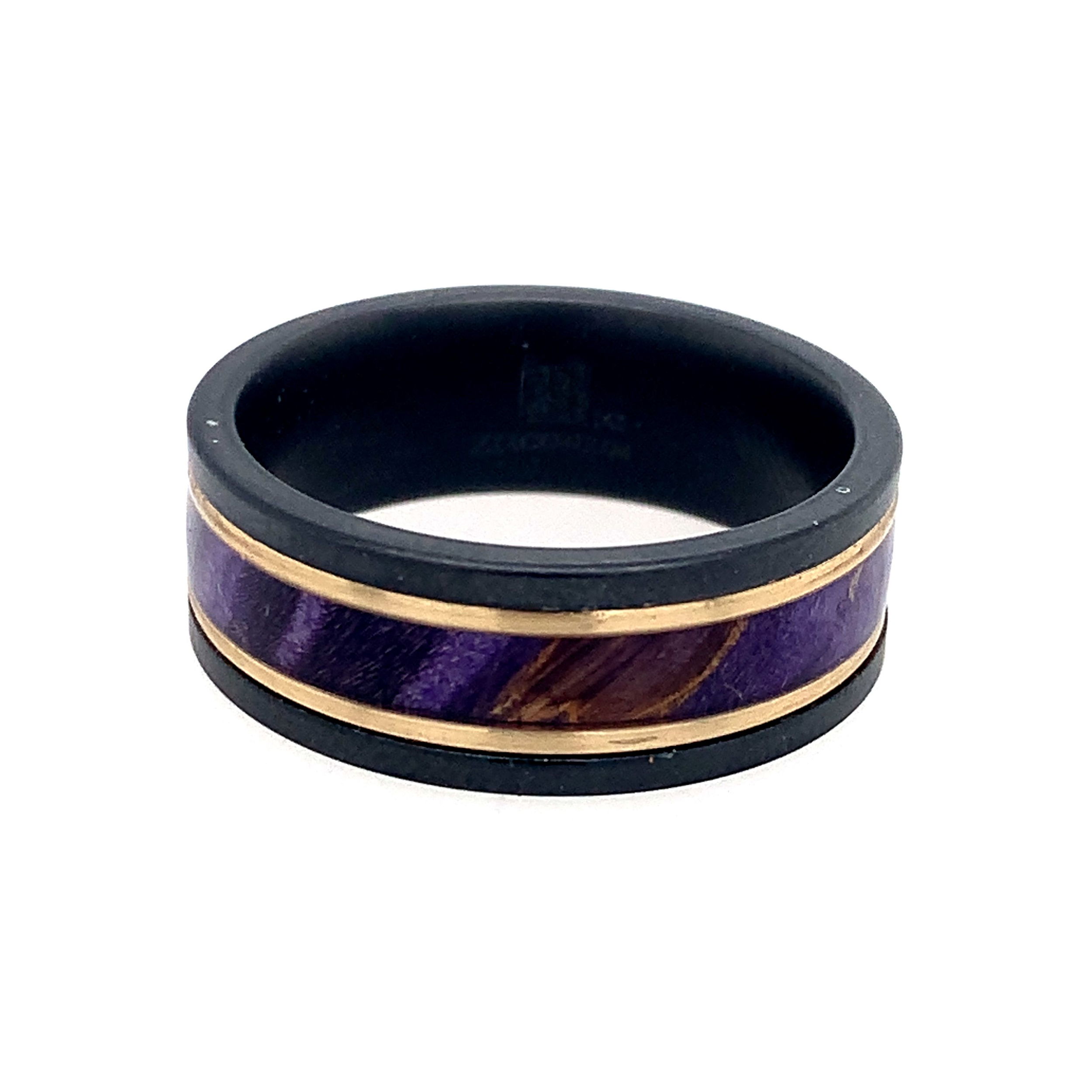 8MM ZIRCONIUM FLAT MATTE FINISH YG & PURPLE BURL INLAYS- SIZE 10 8MM ZIRCONIUM FLAT MATTE FINISH YG & PURPLE BURL INLAYS- SIZE 10