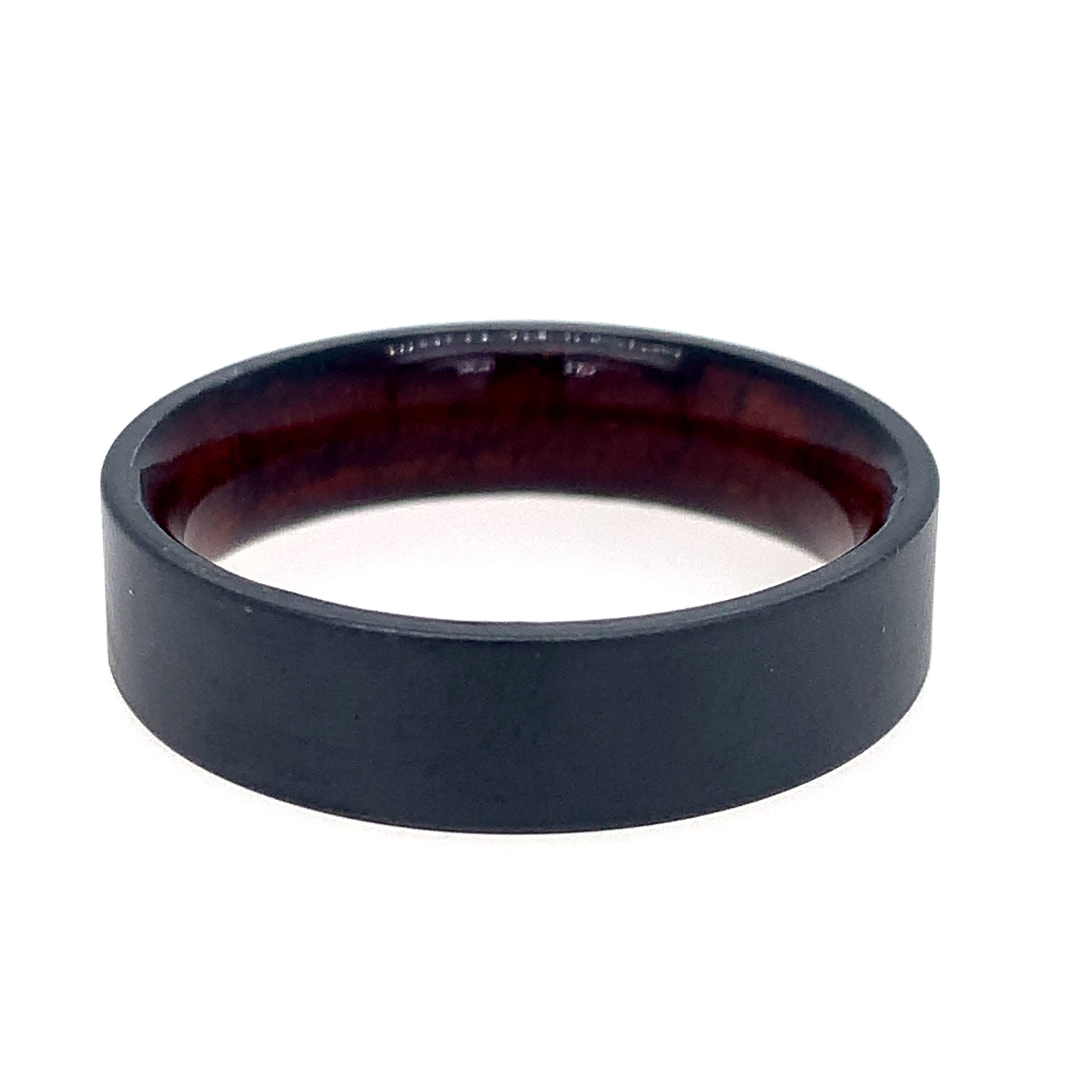 6MM ZIRCONIUM FLAT BAND MATTE FINISH W/ INTERIOR KOA WOOD SLEEVE- SIZE 10 6MM ZIRCONIUM FLAT BAND MATTE FINISH W/ INTERIOR KOA WOOD SLEEVE- SIZE 10