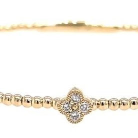 14KYG 28 BR DIA 0.38CT BEADED "CLOVER" STATION FLEX BANGLE BRACELET 6.75"