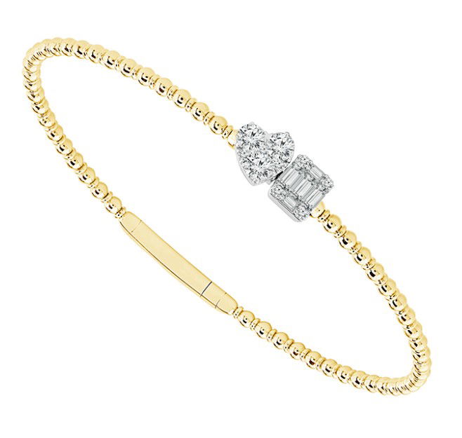14KYG/WG 10 BR & 5 BAGUETTE DIAMONDS 0.60CT "2-STONE" BEADED BANGLE BRACELET 14KYG/WG 10 BR & 5 BAGUETTE DIAMONDS 0.60CT "2-STONE" BEADED BANGLE BRACELET