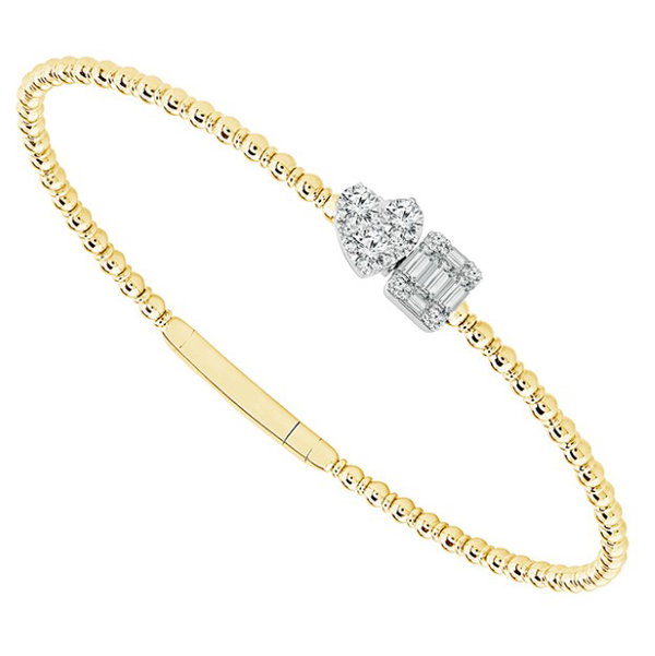 14KYG/WG 10 BR & 5 BAGUETTE DIAMONDS 0.60CT "2-STONE" BEADED BANGLE BRACELET