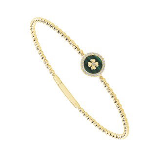 14KYG MALACHITE & 25 BR DIAMONDS 0.10CT STATION FLEXI-BANGLE BRACELET