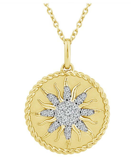 10KYG 24 BR DIAMONDS 0.20CT SUNBURST FASHION DISC PENDANT W/18" BOX CHAIN