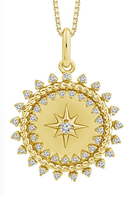 10KYG 43 BR DIAMONDS 0.20CT STARBURST DISC PENDANT W/18" BOX CHAIN