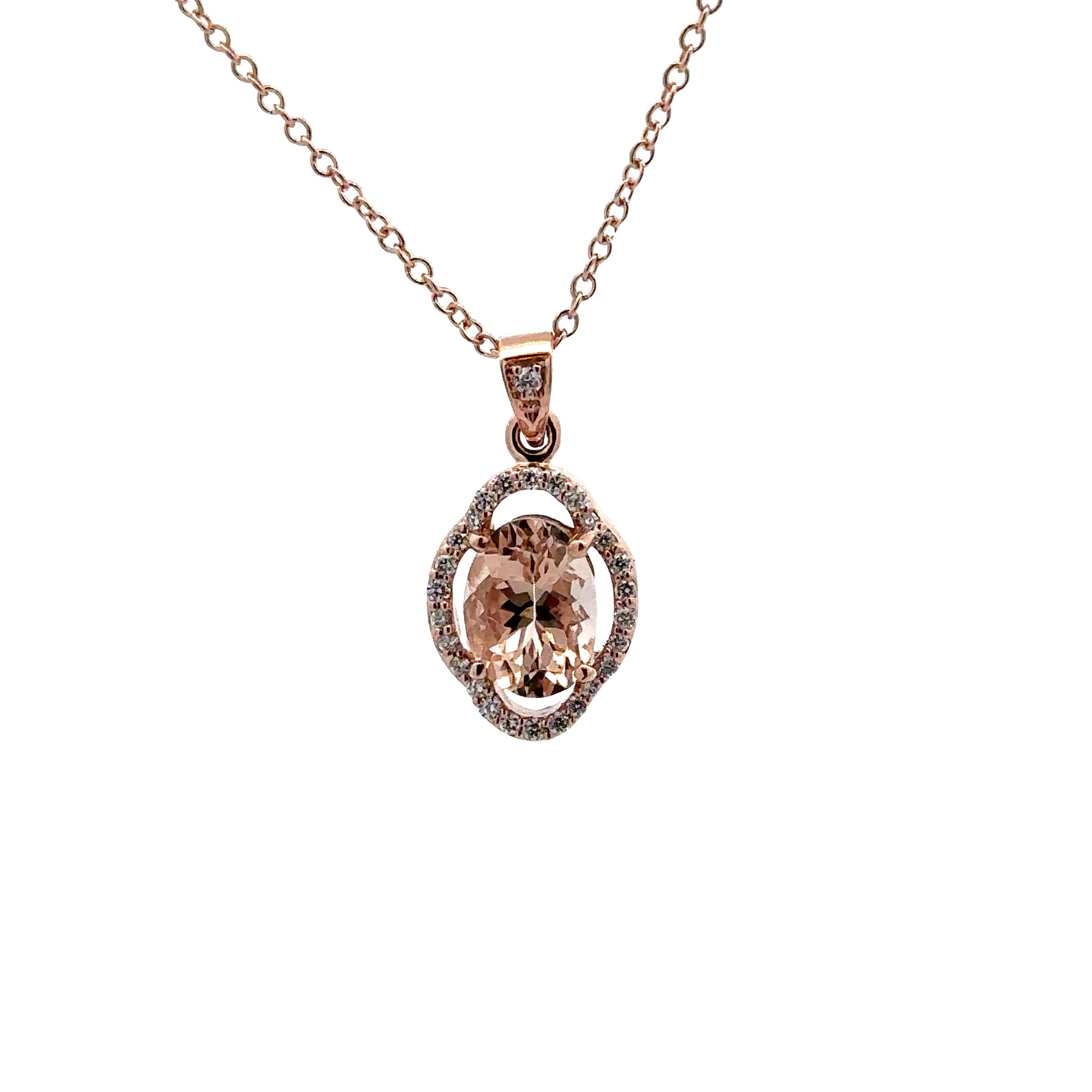 14KRG 8X6 OVAL 1.42CT MORGANITE & 27 BR DIAMONDS 0.12CT HALO PENDANT ON 18" CABLE CHAIN 14KRG 8X6 OVAL 1.42CT MORGANITE & 27 BR DIAMONDS 0.12CT HALO PENDANT ON 18" CABLE CHAIN