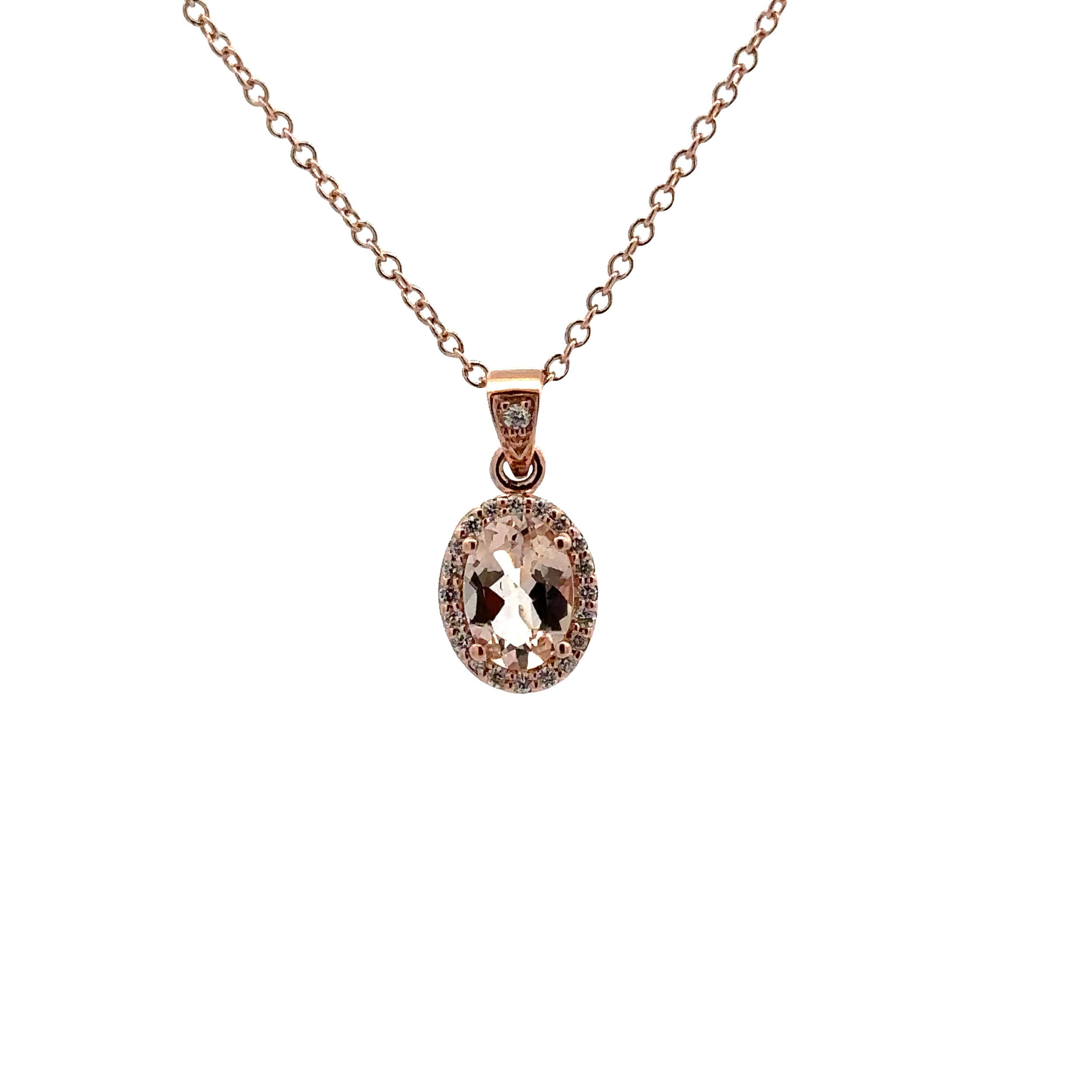 14KRG 0.65CT OVAL MORGANITE & 21 BR DIAMONDS 0.09CT HALO PENDANT ON 18" CABLE CHAIN 14KRG 0.65CT OVAL MORGANITE & 21 BR DIAMONDS 0.09CT HALO PENDANT ON 18" CABLE CHAIN