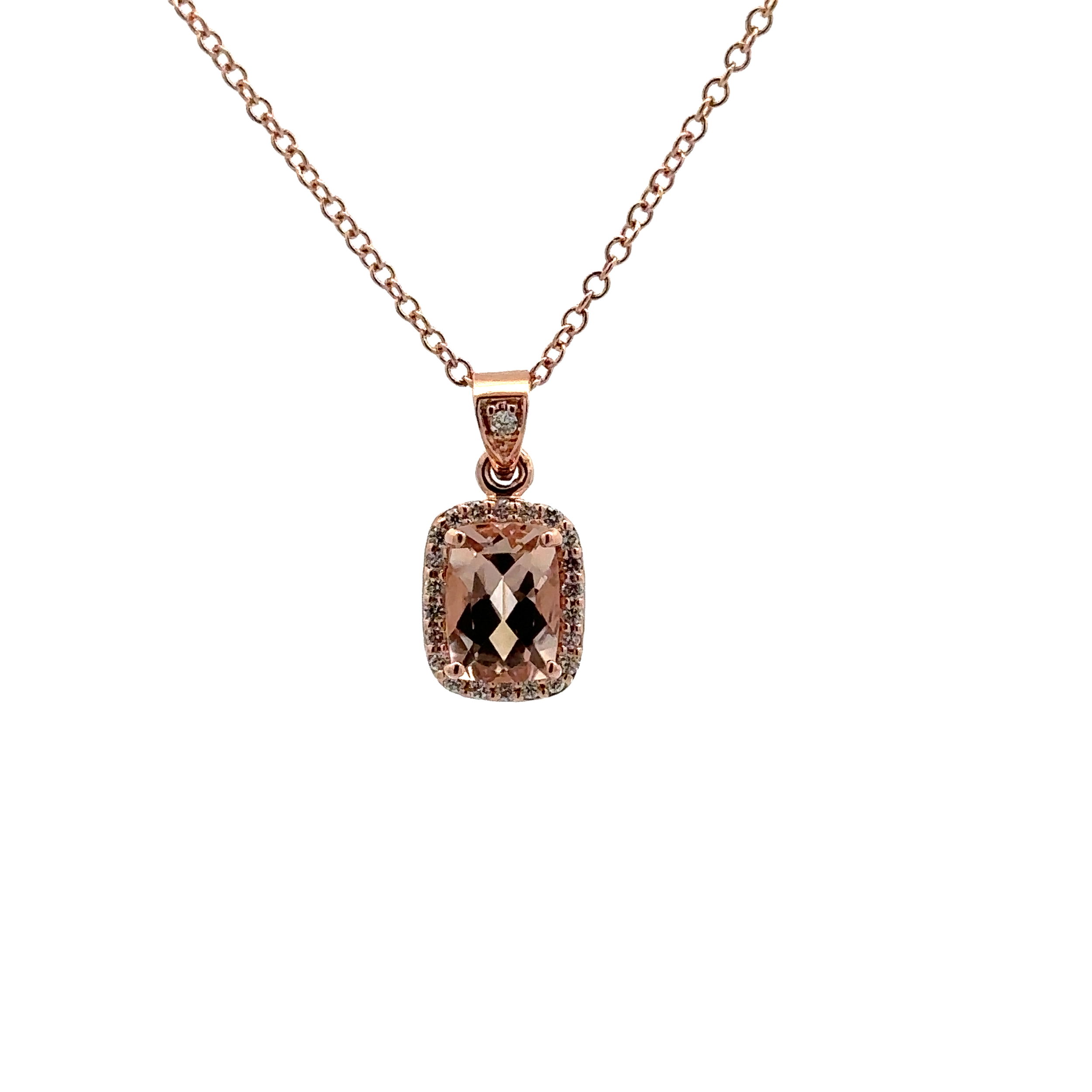 14KRG 0.87CT CUSHION MORGANITE & 23 BR DIAMONDS 0.10CT HALO PENDANT ON 18" CABLE CHAIN 14KRG 0.87CT CUSHION MORGANITE & 23 BR DIAMONDS 0.10CT HALO PENDANT ON 18" CABLE CHAIN