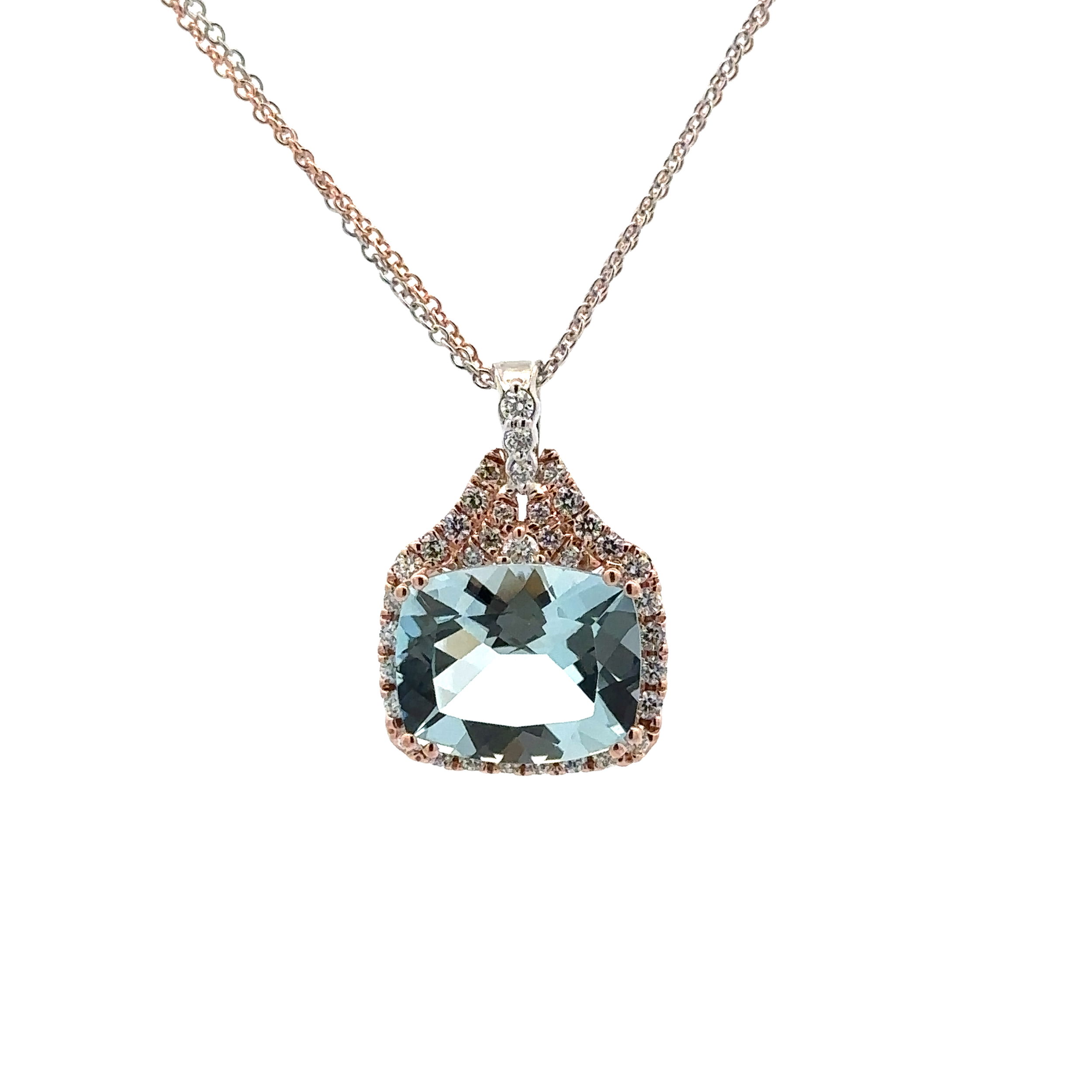 14KRG 4.25CT CUSHION AQUAMARINE & 36 BR DIAMONDS 0.43CT HALO PENDANT ON 18" WG/RG DOUBLE CABLE CHAIN 14KRG 4.25CT CUSHION AQUAMARINE & 36 BR DIAMONDS 0.43CT HALO PENDANT ON 18" WG/RG DOUBLE CABLE CHAIN