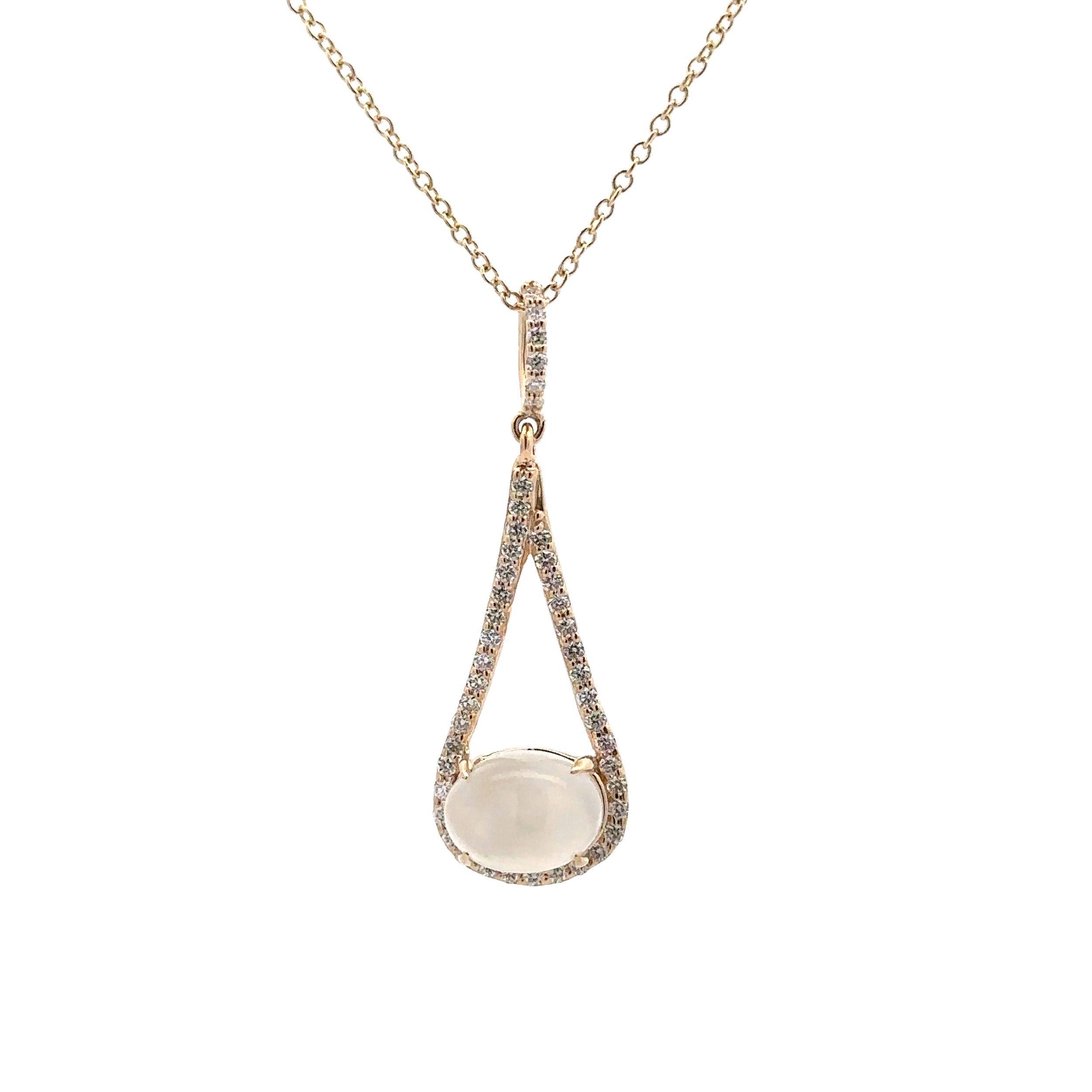 14KYG 2.23CT OVAL MOONSTONE & 44 BR DIAMONDS 0.26CT DROP HALO PENDANT ON 18" CABLE CHAIN 14KYG 2.23CT OVAL MOONSTONE & 44 BR DIAMONDS 0.26CT DROP HALO PENDANT ON 18" CABLE CHAIN