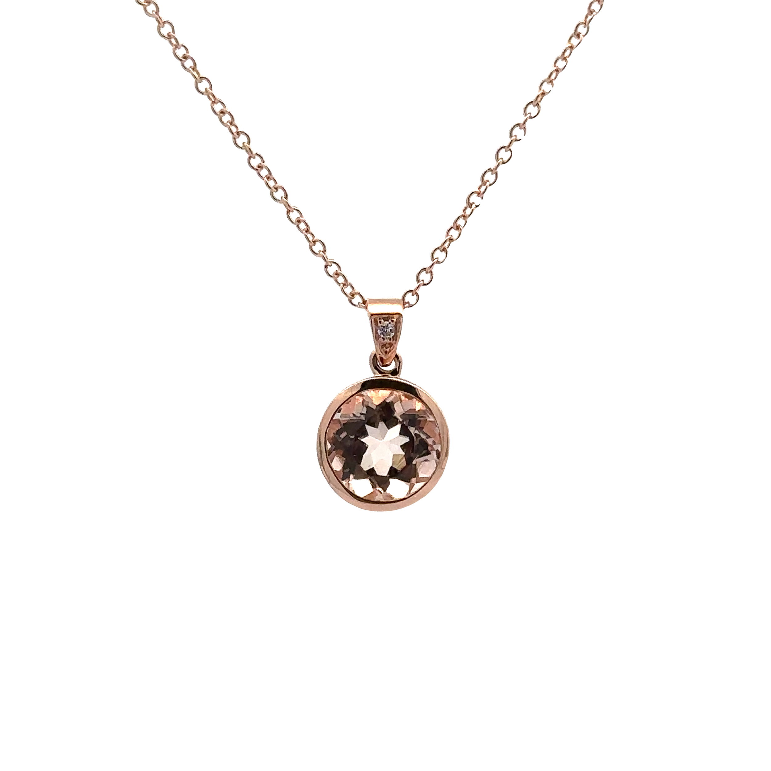 14KRG 8MM 1.85CT ROUND MORGANITE & 0.01CT DIAMOND BEZEL SET DROP PENDANT ON 18" CABLE CHAIN 14KRG 8MM 1.85CT ROUND MORGANITE & 0.01CT DIAMOND BEZEL SET DROP PENDANT ON 18" CABLE CHAIN