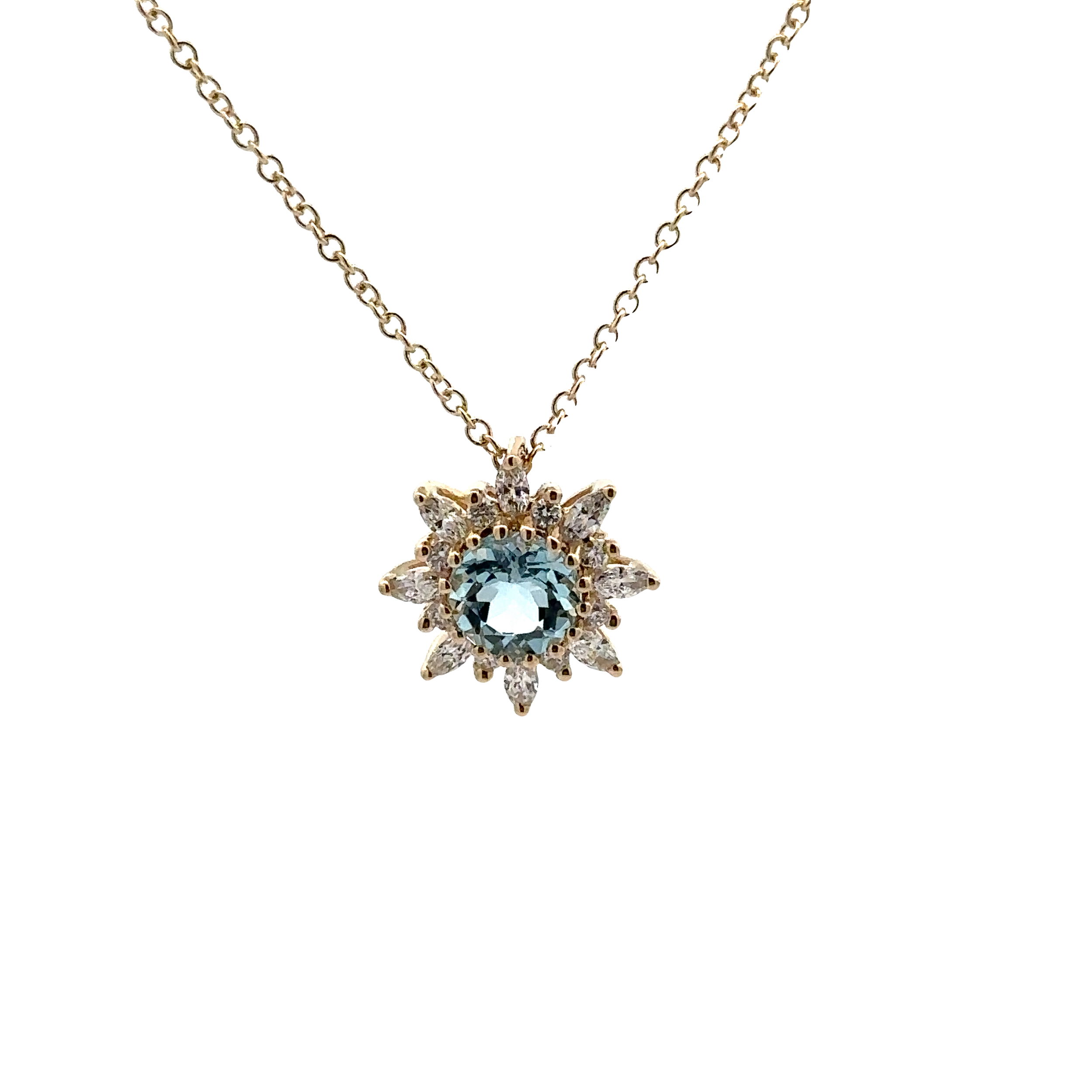 14KYG 0.67CT ROUND AQUAMARINE -- 8 MQ DIAMONDS 0.24CT -- 8 BR DIAMONDS 0.08CT HALO PENDANT ON 18" CABLE CHAIN 14KYG 0.67CT ROUND AQUAMARINE -- 8 MQ DIAMONDS 0.24CT -- 8 BR DIAMONDS 0.08CT HALO PENDANT ON 18" CABLE CHAIN