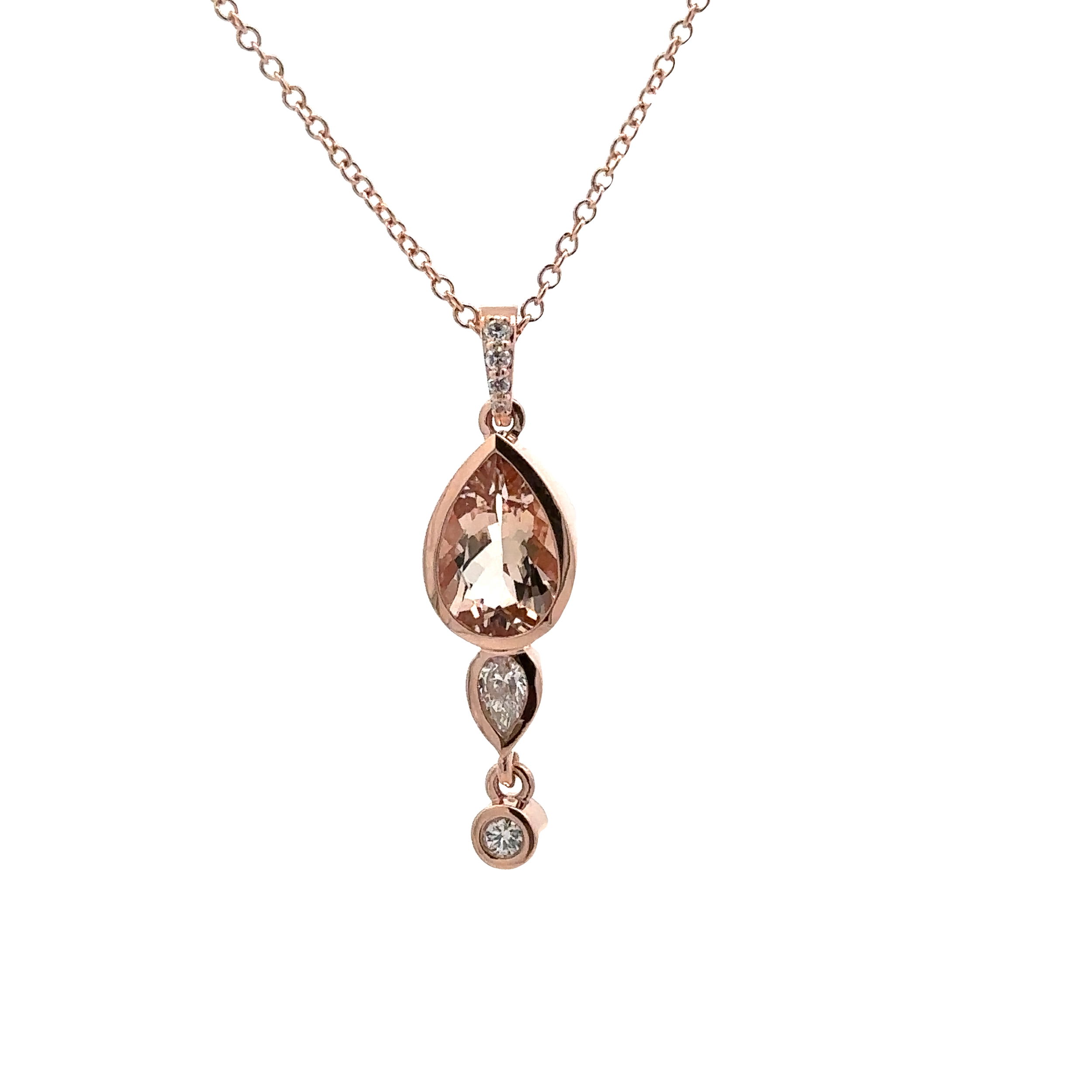 14KRG 1.14CT PEAR SHAPE MORGANITE &6 DIAMONDS 0.16CT BEZEL SET DROP PENDANT ON 18" CABLE CHAIN 14KRG 1.14CT PEAR SHAPE MORGANITE &6 DIAMONDS 0.16CT BEZEL SET DROP PENDANT ON 18" CABLE CHAIN