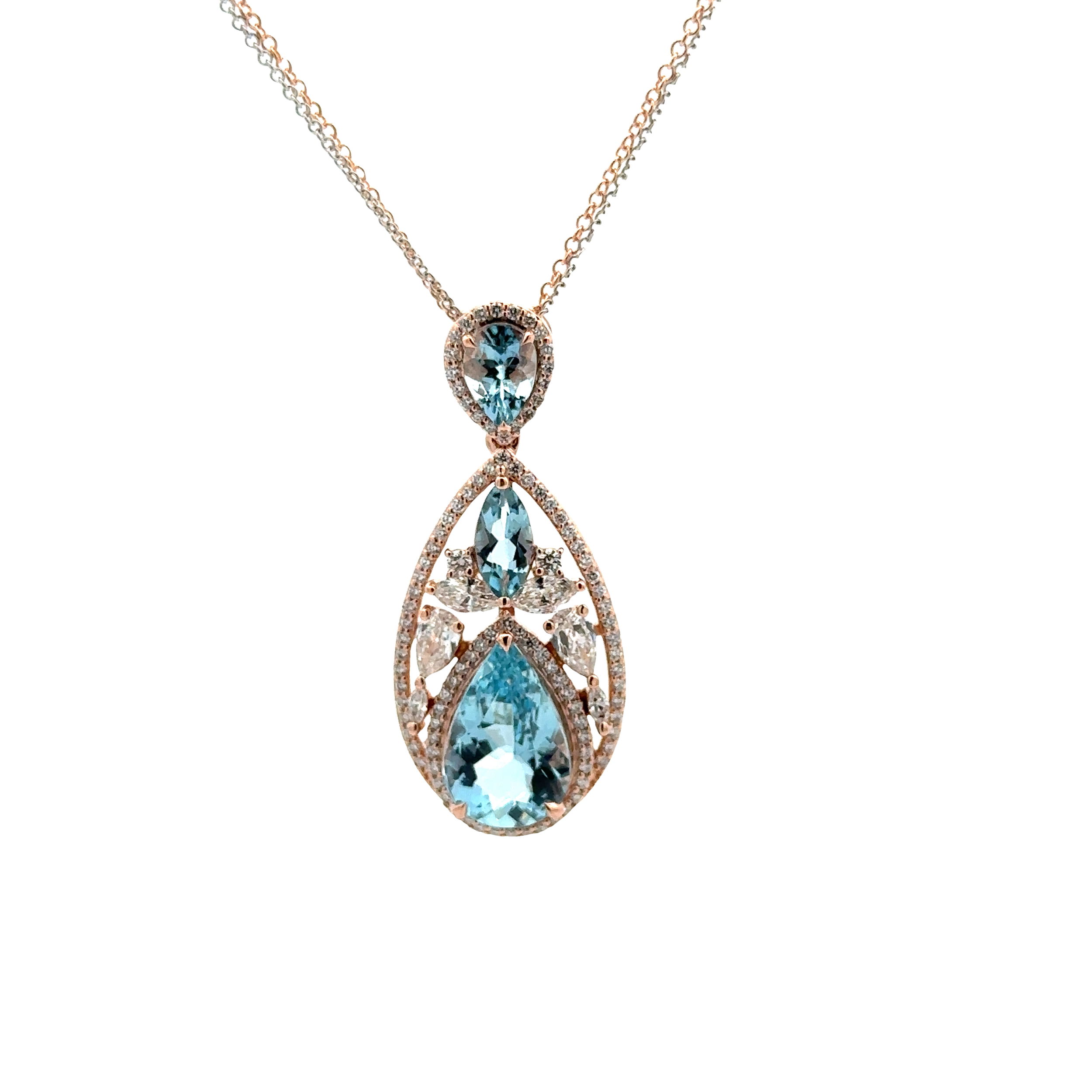 14KRG 3 PEAR SHAPE AQUAMARINE 4.25CT -- 2 PEAR SHAPE DIAMONDS & 4 MQ DIAMONDS & 101 BR DIAMONDS 1.26CT DOUBLE HALO DROP FASHION PENDANT ON 18" DOUBLE CABLE CHAIN 14KRG 3 PEAR SHAPE AQUAMARINE 4.25CT -- 2 PEAR SHAPE DIAMONDS & 4 MQ DIAMONDS & 101 BR DIAMONDS 1.26CT DOUBLE HALO DROP FASHION PENDANT ON 18" DOUBLE CABLE CHAIN