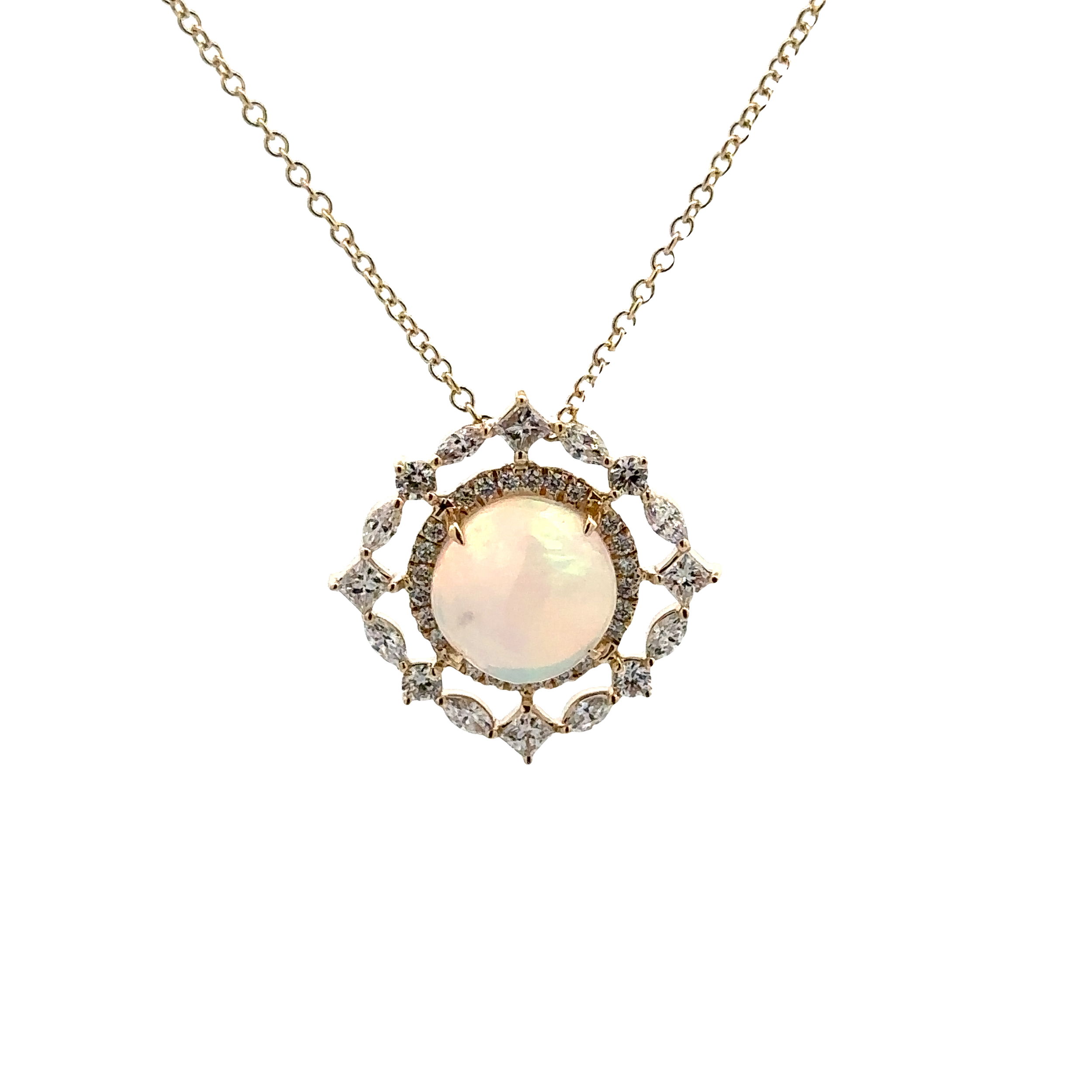 14KYG 1.56CT ROUND OPAL & 40 DIAMONDS 0.70CT HALO PENDANT ON 18" CABLE CHAIN 14KYG 1.56CT ROUND OPAL & 40 DIAMONDS 0.70CT HALO PENDANT ON 18" CABLE CHAIN