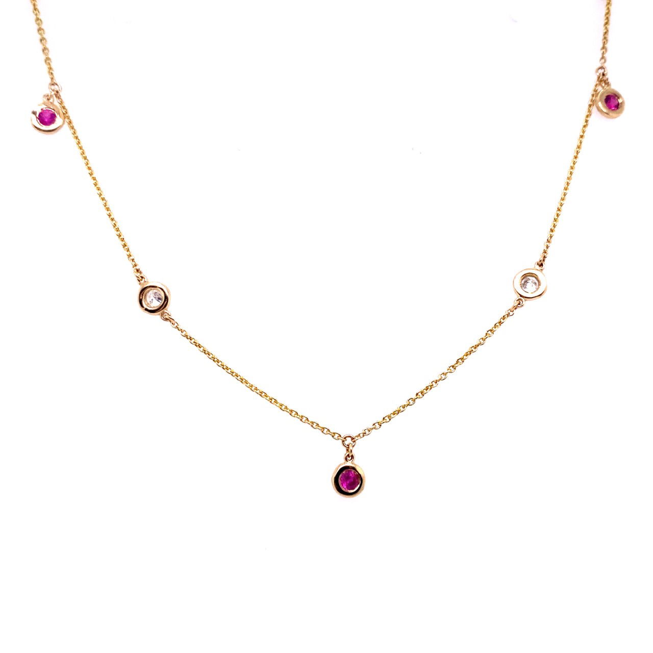 14K YELLOW GOLD 4 ROUND DIAMONDS 0.26CT & 3 ROUND RUBIES 0.25CT 18" BEZEL SET STATION AND CLEOPATRA NECKLACE 14K YELLOW GOLD 4 ROUND DIAMONDS 0.26CT & 3 ROUND RUBIES 0.25CT 18" BEZEL SET STATION AND CLEOPATRA NECKLACE