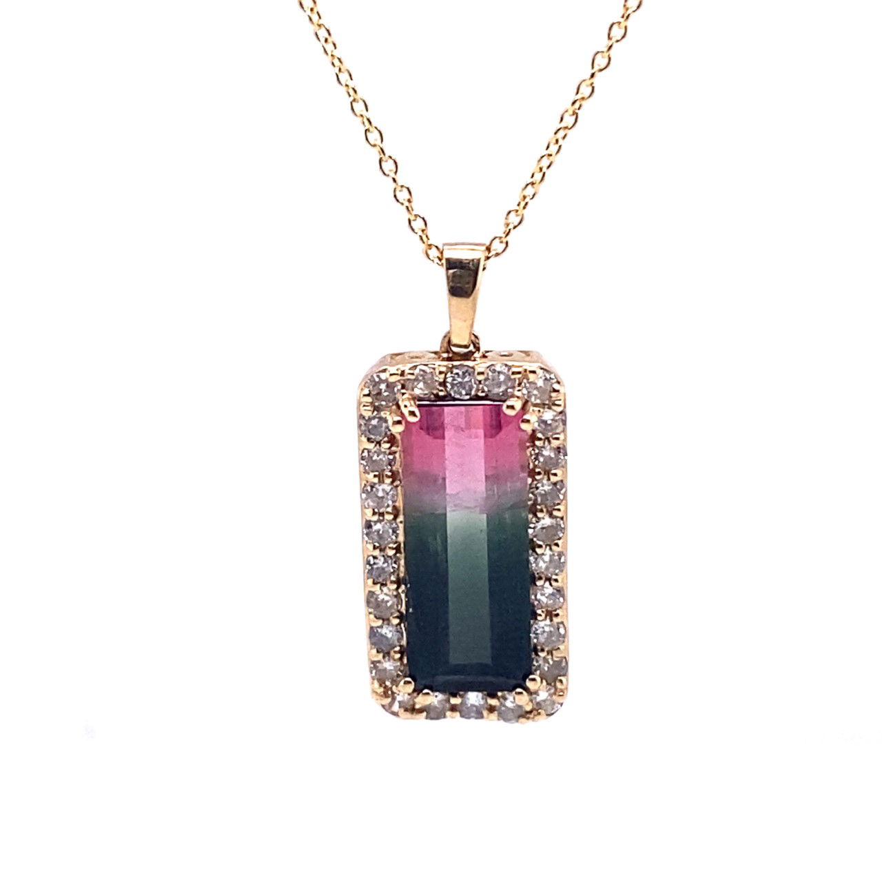 14KYG 5.28CT EMERALD CUT WATERMELON TOURMALINE & 30 BR DIA 0.59CT HALO PENDANT W/ 20" ADJUSTABLE CABLE LINK CHIAN