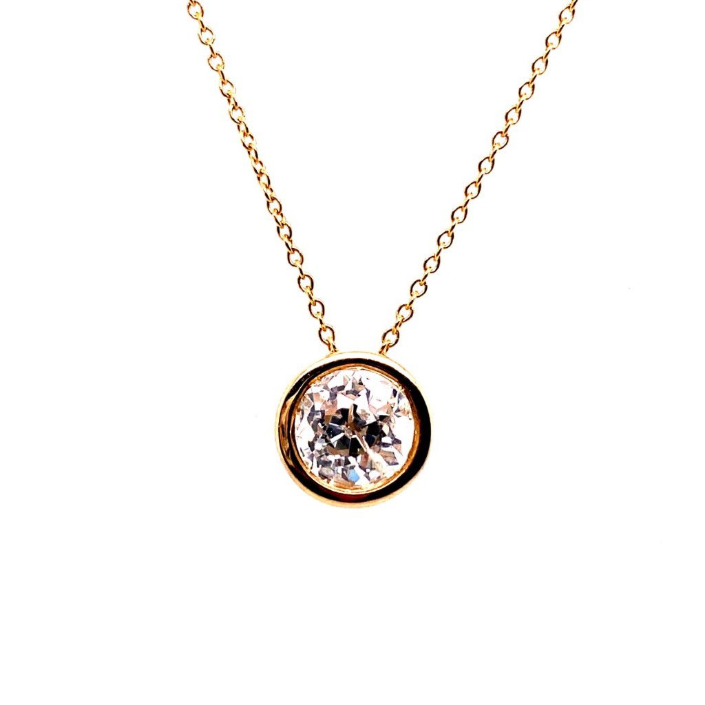 14K YELLOW GOLD 1 ROUND DIAMOND L/I1 1.00CT BEZEL SET PENDANT W/ 18" ADJUSTABLE CHAIN
