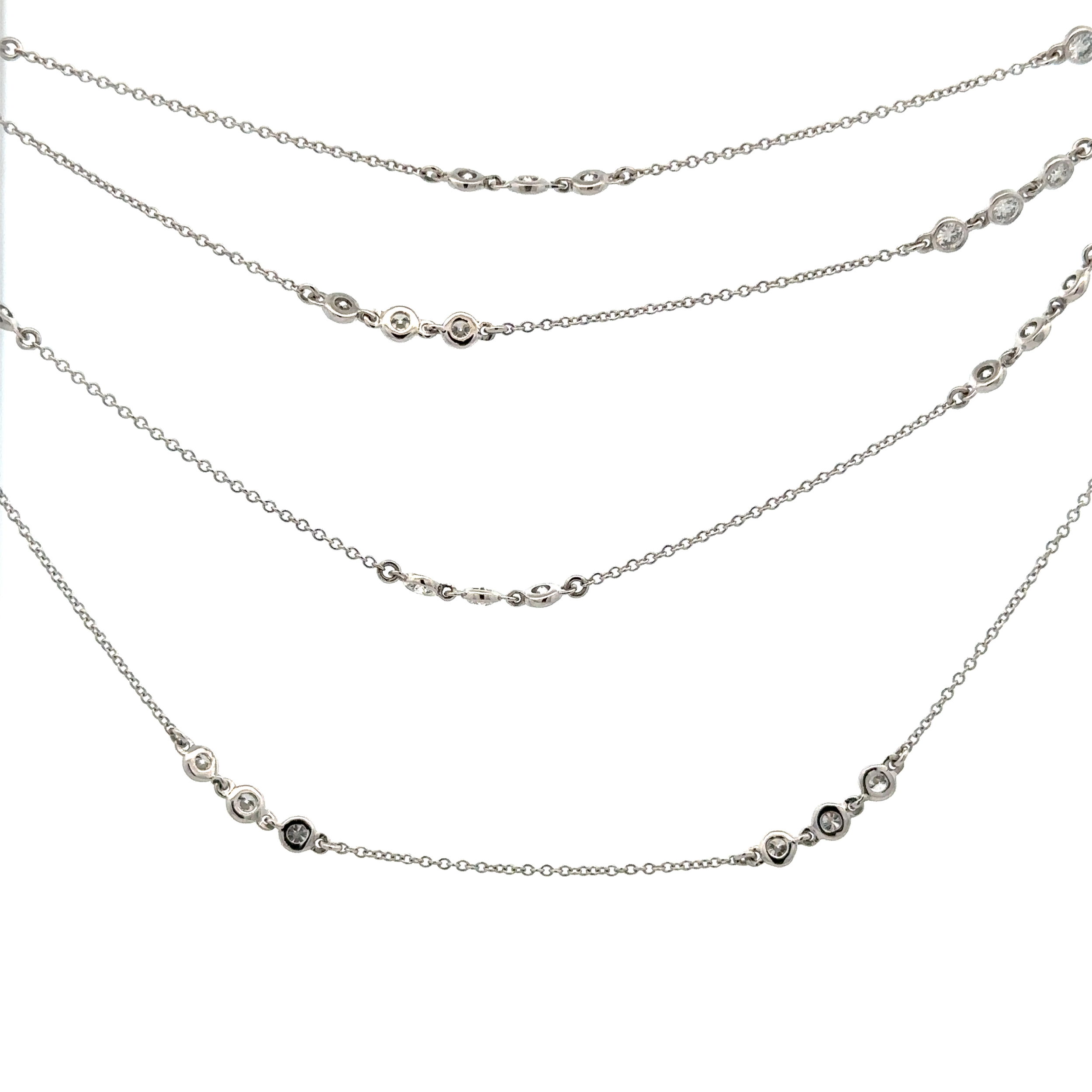 14KWG 72 BR DIAMONDS 3.04CT 48" BEZEL SET "3-STONE STATION" NECKLACE