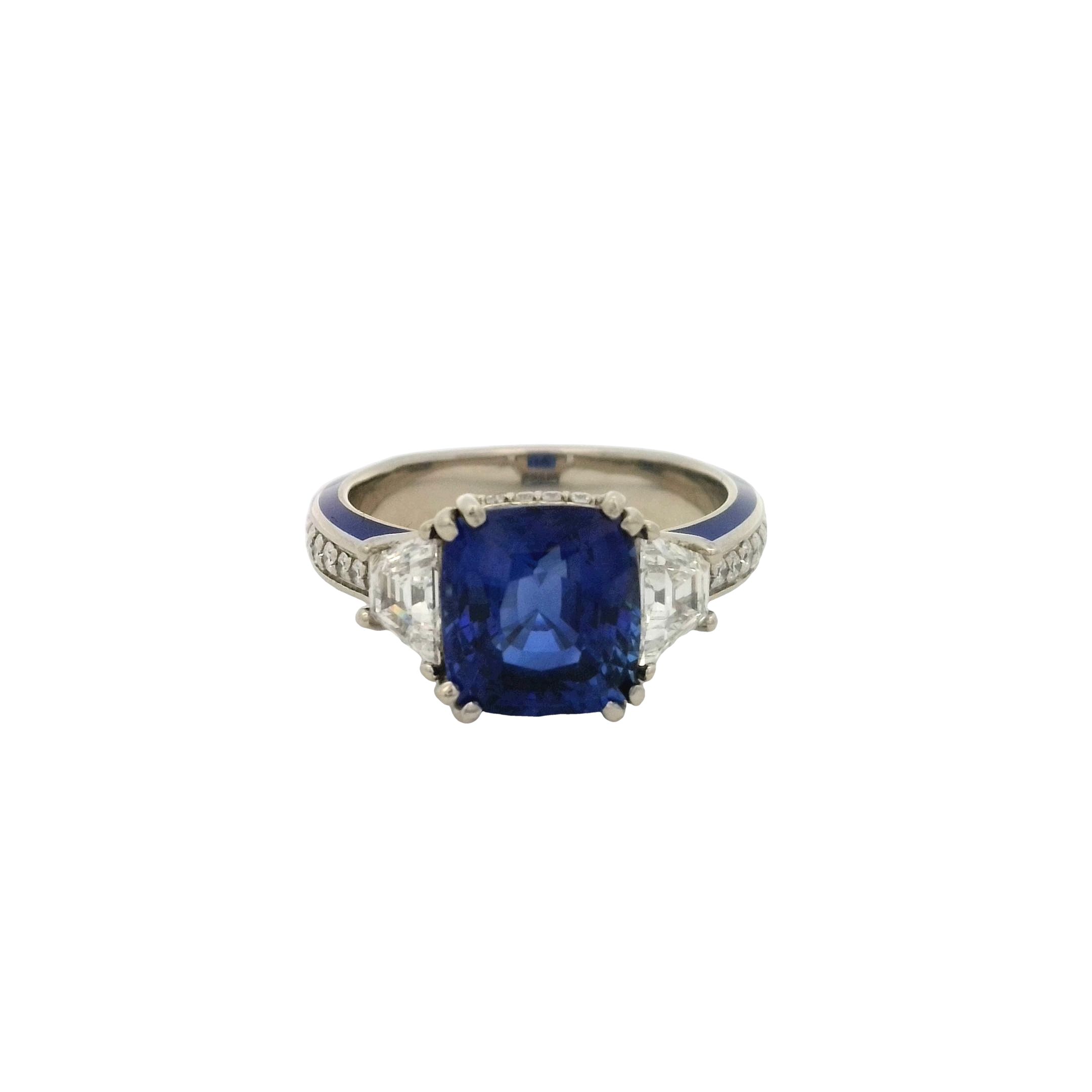 14KWG 5.02CT CUSH SAPPHIRE 2 TRAPEZOID DIA'S 0.65CT & 46 BR DIA'S 0.44CT W/BLUE CERAMIC ACCENTED BAND FASHION RING 14KWG 5.02CT CUSH SAPPHIRE 2 TRAPEZOID DIA'S 0.65CT & 46 BR DIA'S 0.44CT W/BLUE CERAMIC ACCENTED BAND FASHION RING