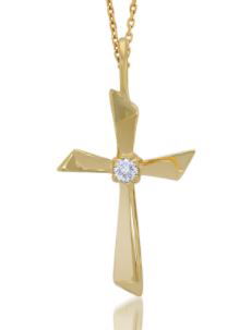 14K YELLOW GOLD 1 ROUND DIAMOND 0.04CT CROSS PENDANT W/ ADJUSTABLE 20" CHAIN