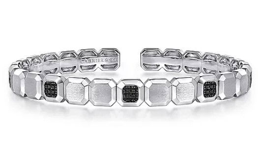 Sterling Silver 7.25" Open Cuff Hexagon Bracelet With Black Spinel Stations Sterling Silver 7.25" Open Cuff Hexagon Bracelet With Black Spinel Stations