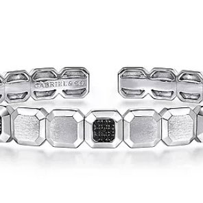 Sterling Silver 7.25" Open Cuff Hexagon Bracelet With Black Spinel Stations