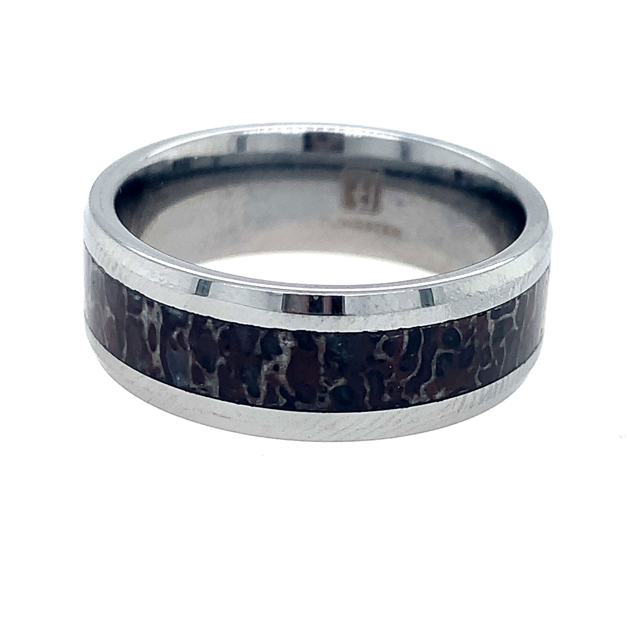 8MM TUNG FLAT POLISH W/ 4MM GREY DINO BONE INLAY- SIZE 10 8MM TUNG FLAT POLISH W/ 4MM GREY DINO BONE INLAY- SIZE 10