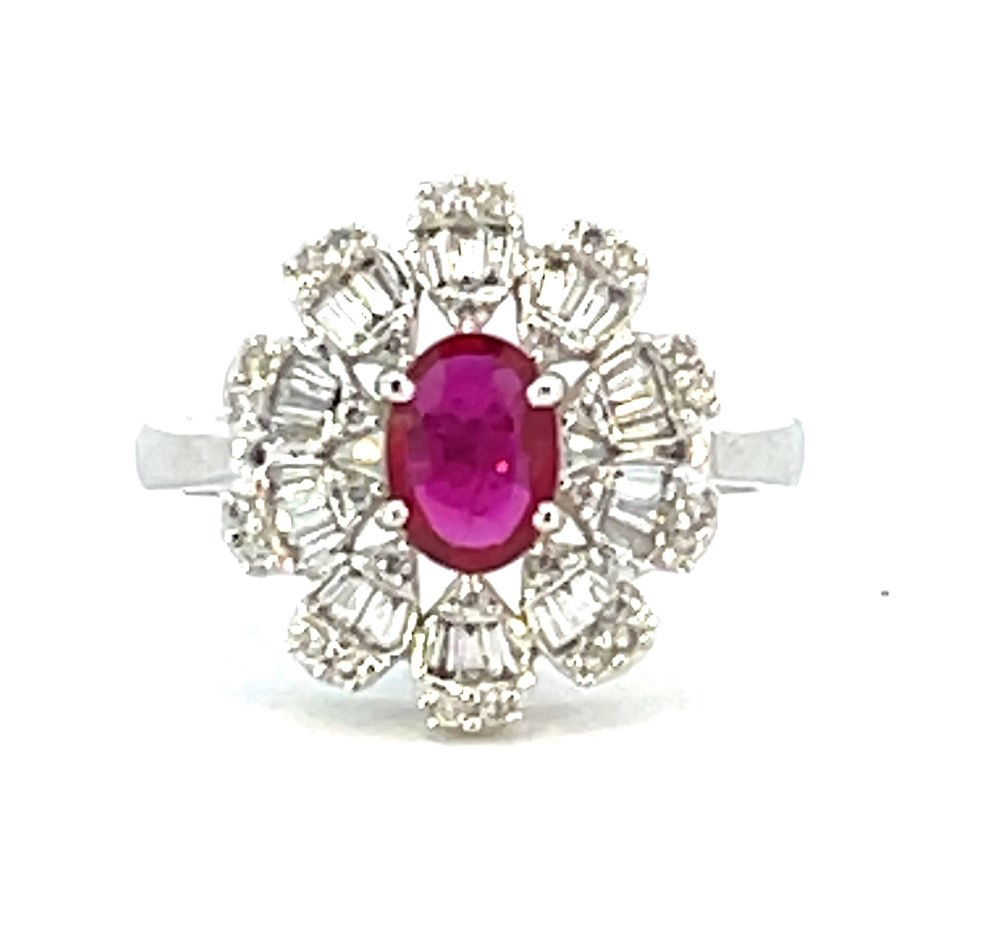 14KWG 0.74CT OVAL RUBY -- 18 BR & 30 BAG DIA 0.45CT HALO RING