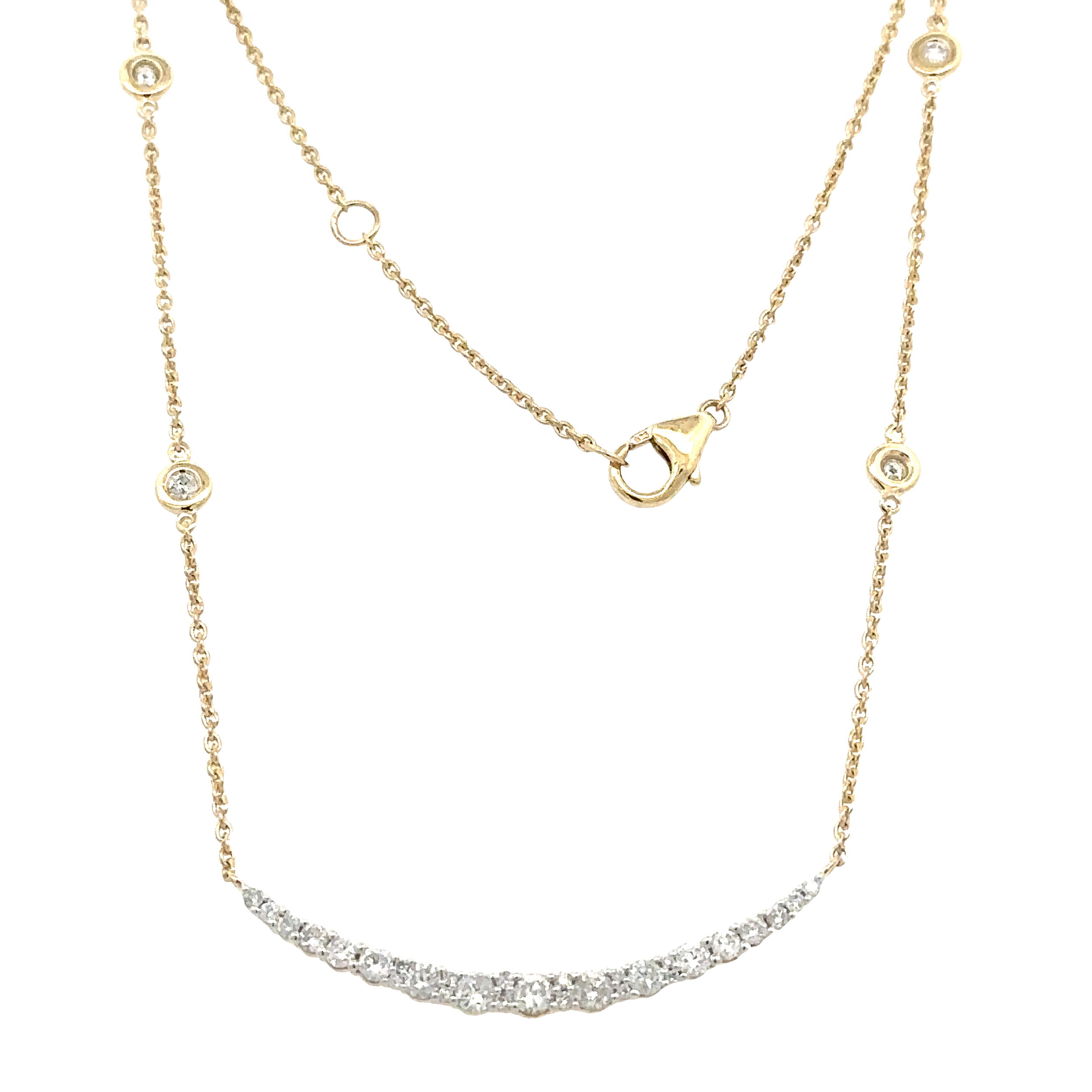 14KYG 16" 35 BR DIAMONDS 0.65CT CURVED BAR NECKLACE W/BEZEL ACCENTED CHAIN 14KYG 16" 35 BR DIAMONDS 0.65CT CURVED BAR NECKLACE W/BEZEL ACCENTED CHAIN