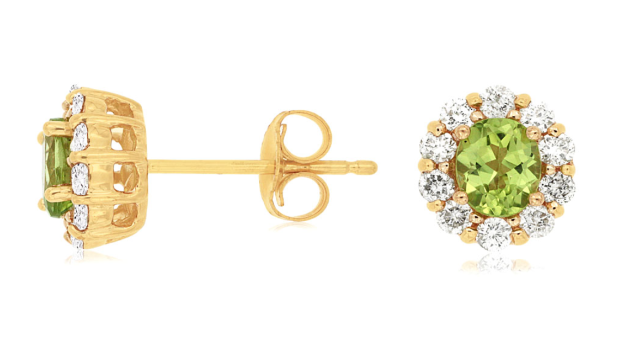 14KYG 2 OVAL PERIDOT 0.80CT & 20 BR DIA'S 0.45CT HALO STUD EARRINGS