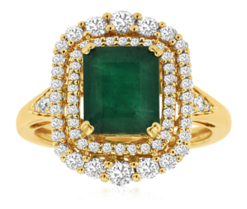 14K YG 2.15CT EMD & 62 RD DIA'S 0.75CT DOUBLE HALO FASHION RING
