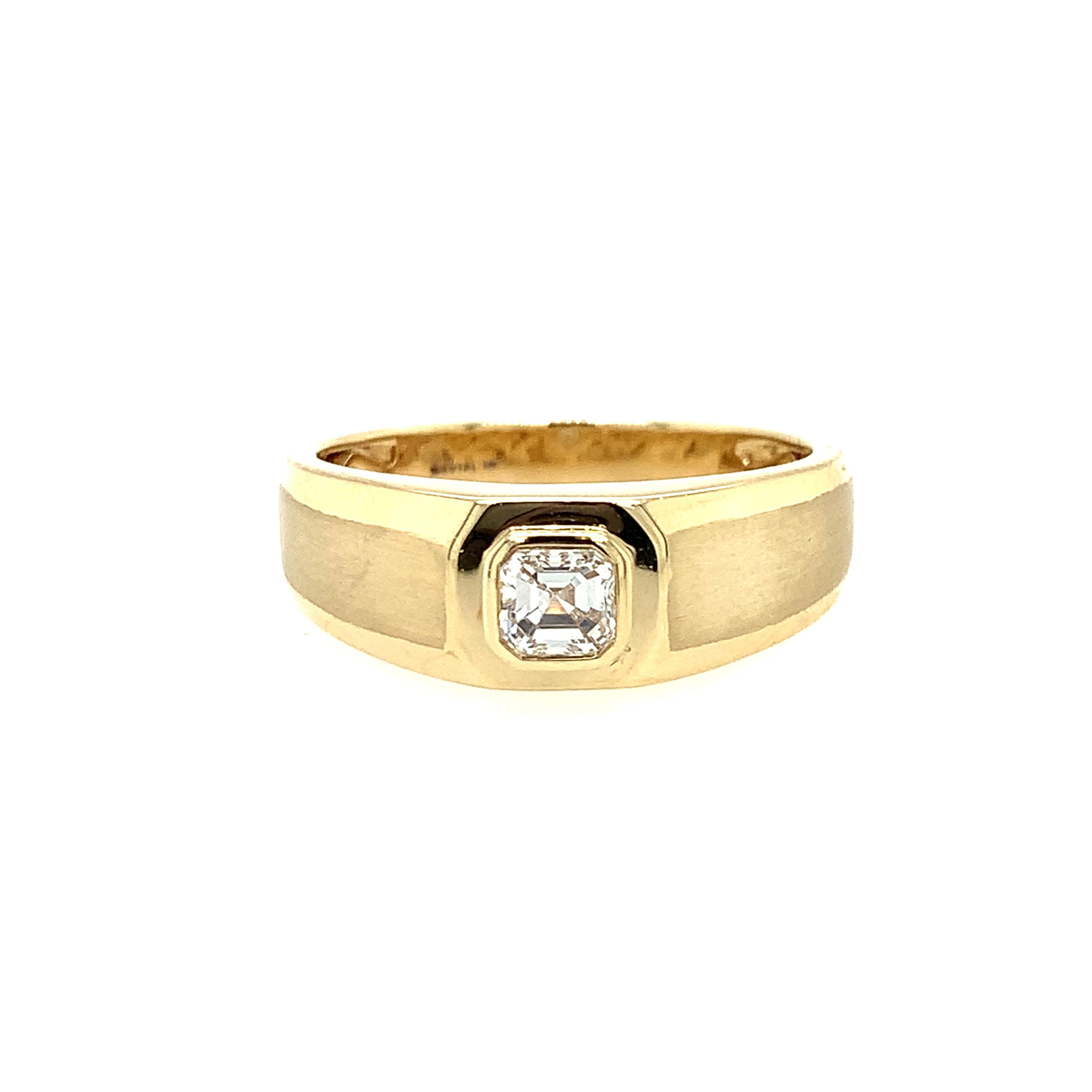 14K YG 0.43CT ASSCHER CUT DIA BEZEL SET IN TAPERED BAND