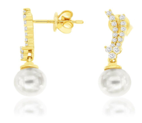 14K YG 2 PRLS & 32 RD DIA'S 0.29CT FASHION DANGLE EARRINGS