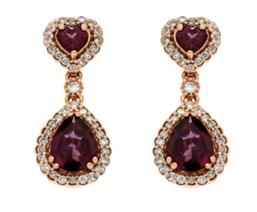 14K RG 2 PS & 2 HS RHOD GARN 1.35CTW & 78 RD DIA'S 0.75CT FASHION DANGLE EARRINGS